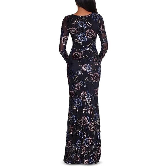 Betsy & Adam Womens 6 Black Floral Sequin Sheath Gown Dress Long Sleeve OS15-11 - Picture 4 of 10